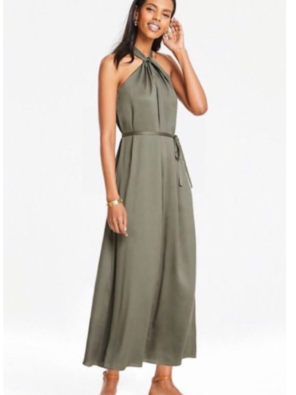 Ann Taylor Olive Halter Maxi Dress with Tie Waist